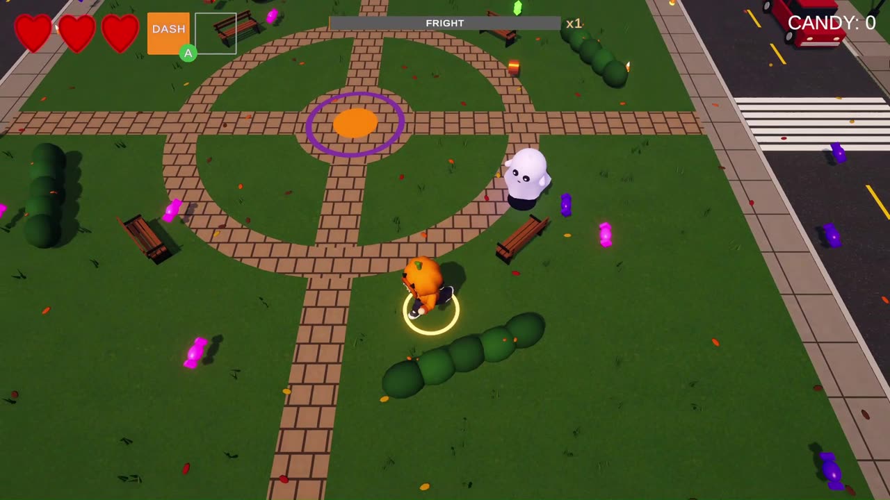 Daytime: grabbing candy in the park while a ghost floats nearby
